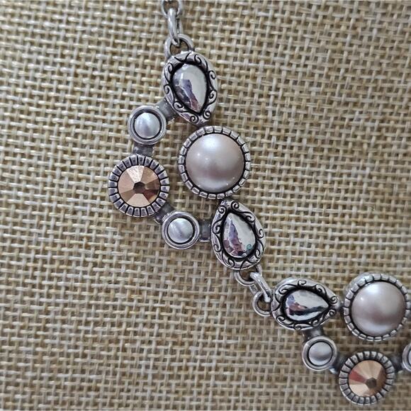 Brighton Pastille Jeweled Collar Bibb Gold Pearl and Silver Necklace New - Picture 9 of 10